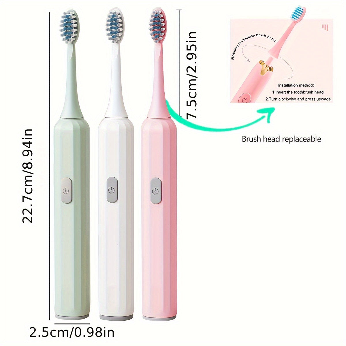 Uniseks AA batareyka bilan ishlaydigan elektr tish cho'tkasi, 6 ta o'rnini bosadigan boshlar bilan