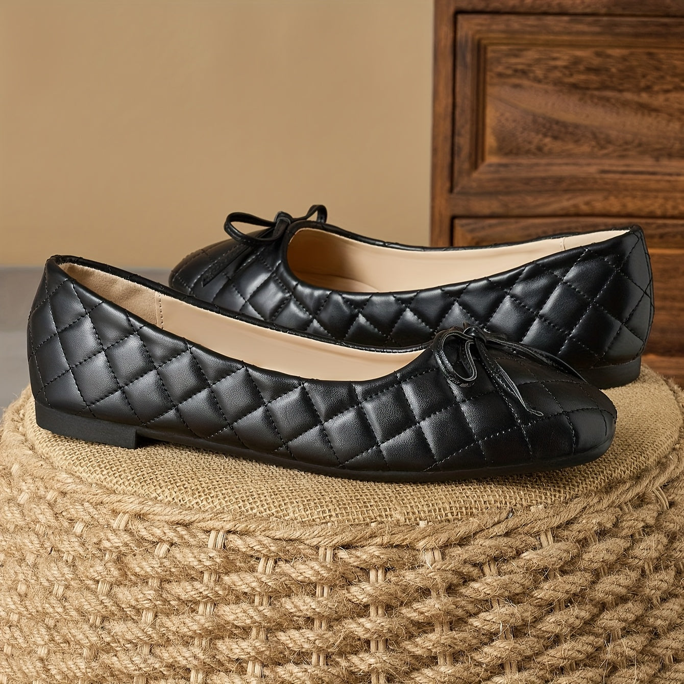 Women’s Black Quilted Slip-On Flats with Bow, Non-Slip Soft Sole