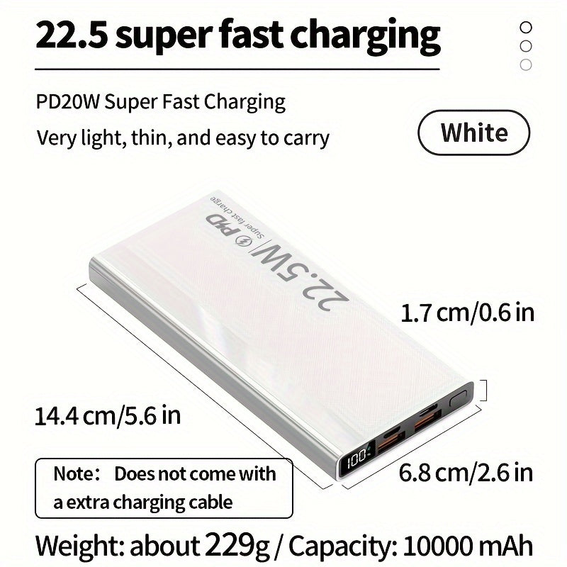 30000/20000/10000 mAh Ultra-ingich Portativ Quvvat Banki, 22.5W Tez Zaryadlash, iPhone/Android qurilmalari uchun LED Quvvat Ko'rsatkichi, USB/Type-C/mikro interfeyslari bilan Favqulodda Quvvat Zaxirasi.
