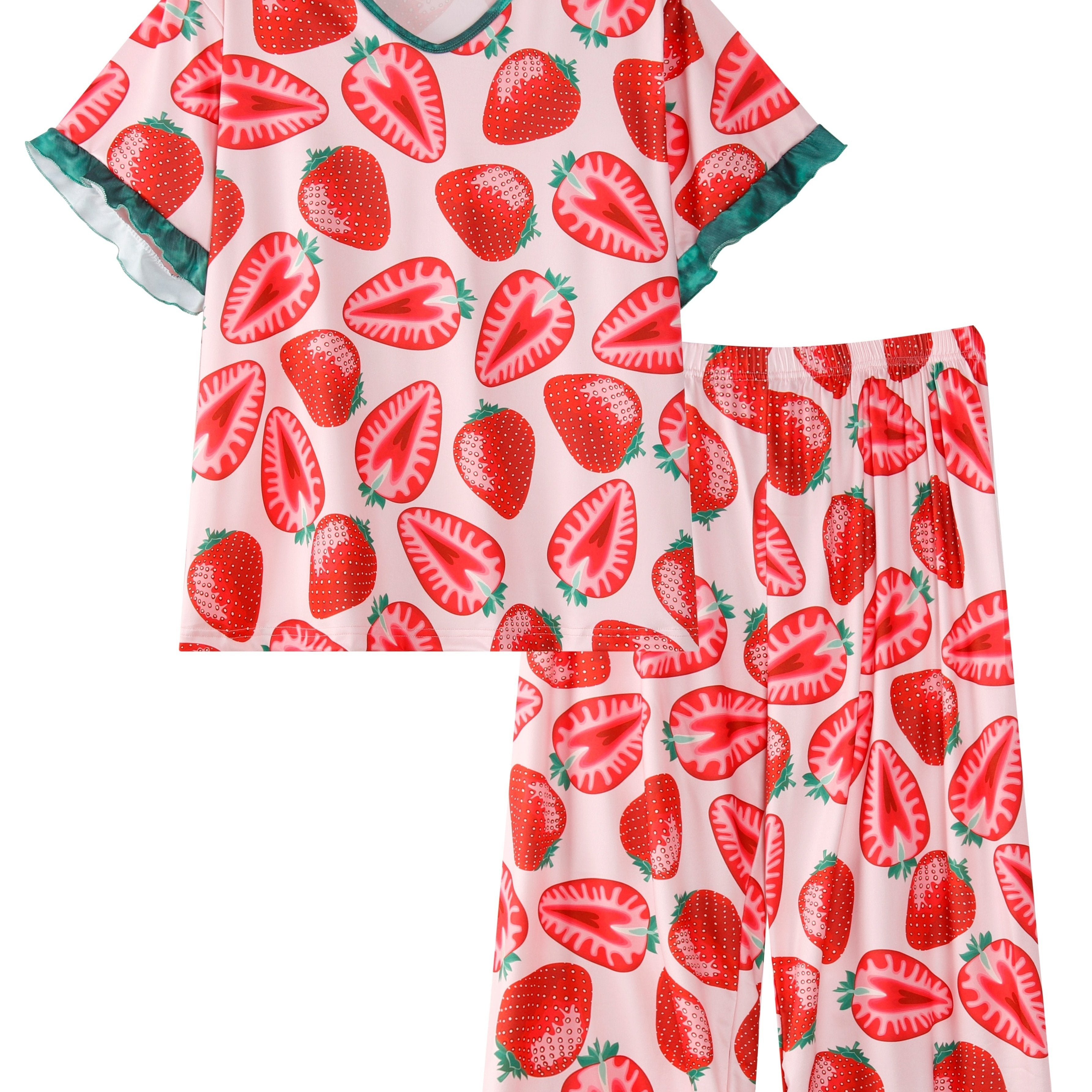 Women's Cherry Print Loungewear Set with Ruffled Sleeves and Cropped Pants
