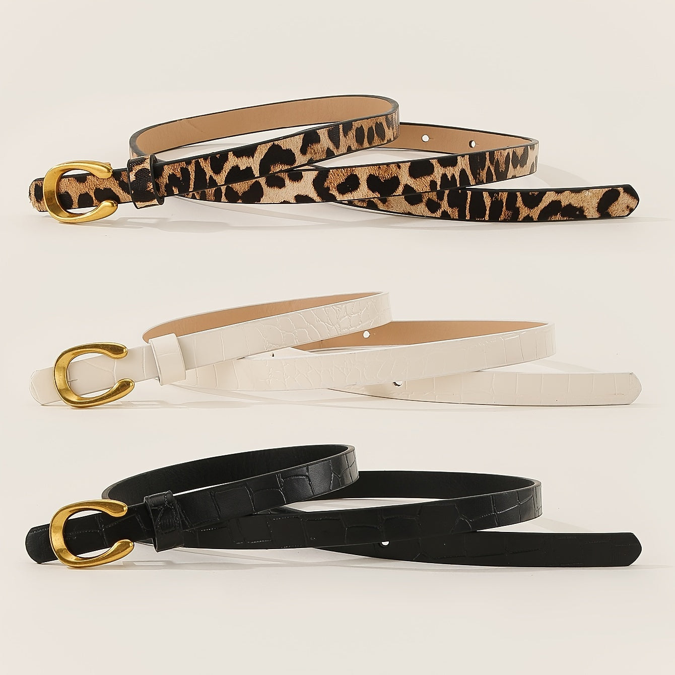 Set of 3 Leopard and Letter Print Women's Belts with U-Shaped Alloy Buckle