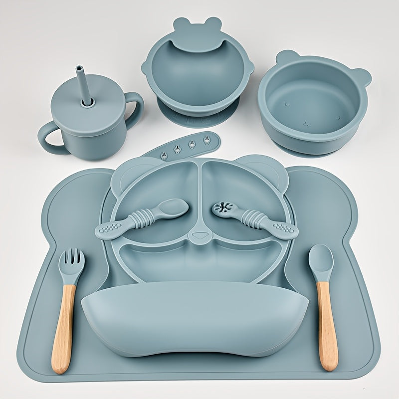 Kids Silicone Dinnerware Set 10 Pieces Bear Theme Plates Bowls Spoons Forks Bibs