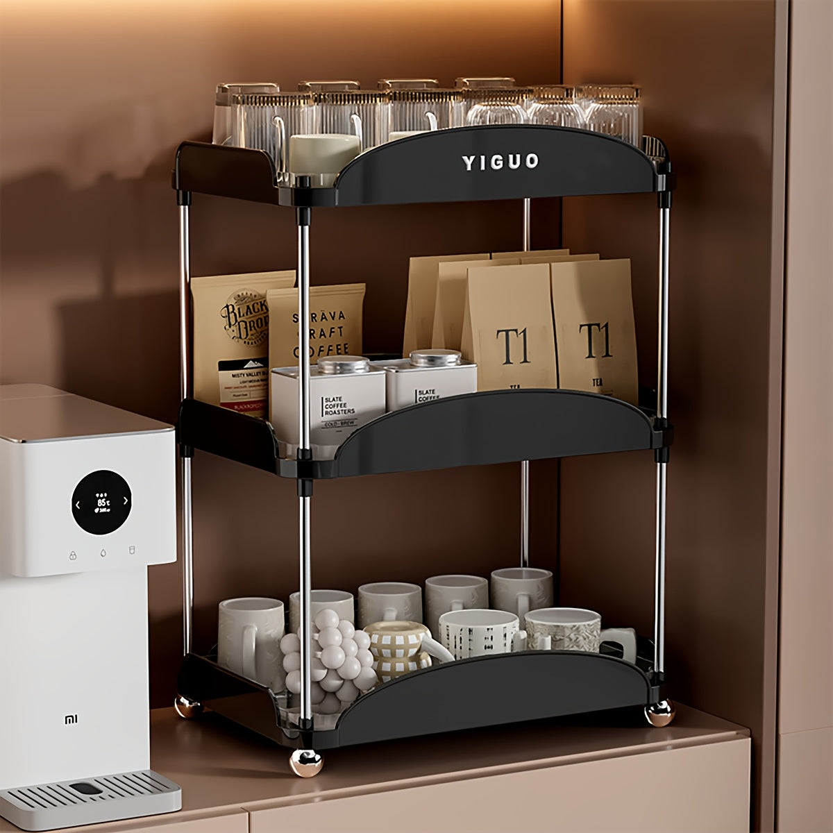 YIGUO Qopqoqsiz Ikki Qavatli Oshxona Tashkiliy Raqami - Chashkalar, Kofe Qoplari, Kofe Podlari uchun - Ochiq Saqlash Dizayni, Ko'p Maqsadli, Assembling Kerak Emas, Stol va Sirt Ko'rsatish Polka Kiritilgan