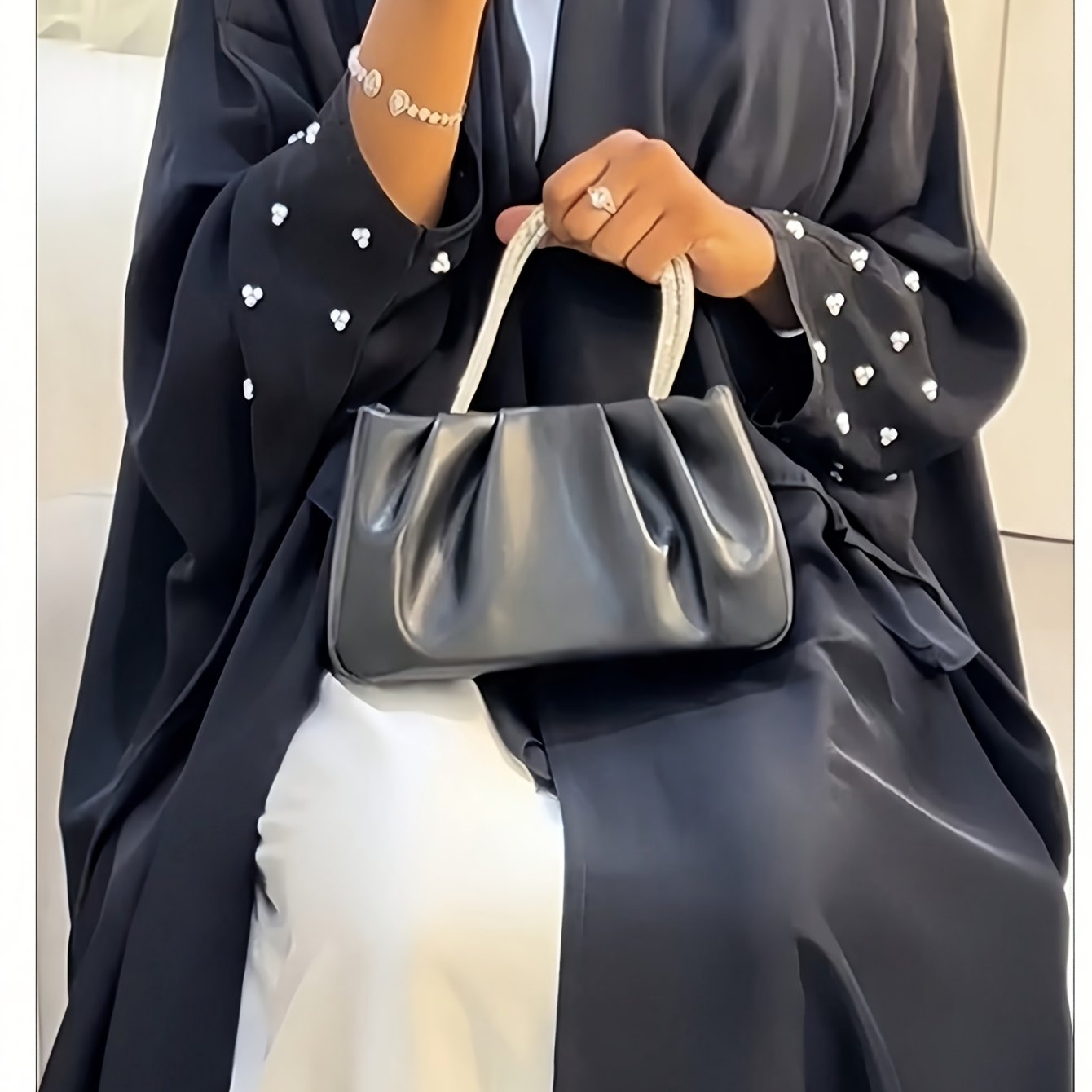 Women Abaya Robe Floor-Length Modest Dress with Pearl Embellishments, Beige Black