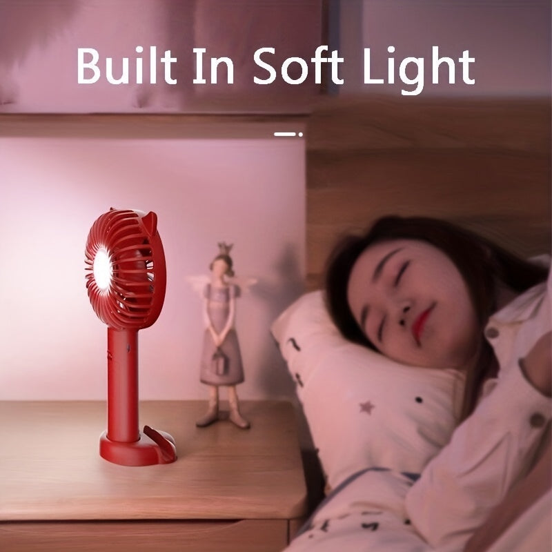 Compact USB Handheld Fan with Bunny Ears, Quiet Operation, Night Light