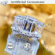 Silver Ring with 7x9 Emerald-Cut Synthetic Gemstones, Handcrafted Jewelry for Women