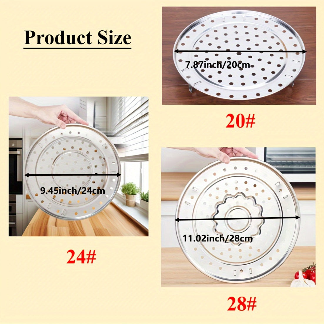 Juego de rejillas de acero inoxidable para vaporizar alimentos, compatible con ollas de 19.99cm, 24cm y 27.99cm