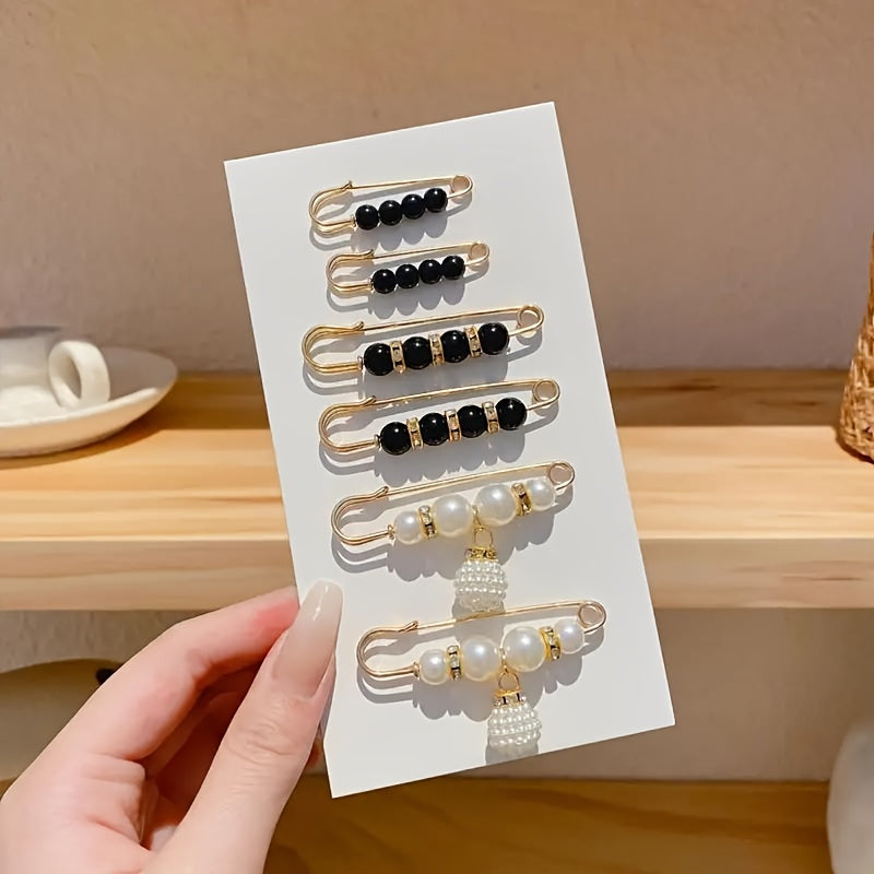 6 элегантных искусственных жемчужных брошей в черно-белом цвете, идеально подходящих для любого наряда.