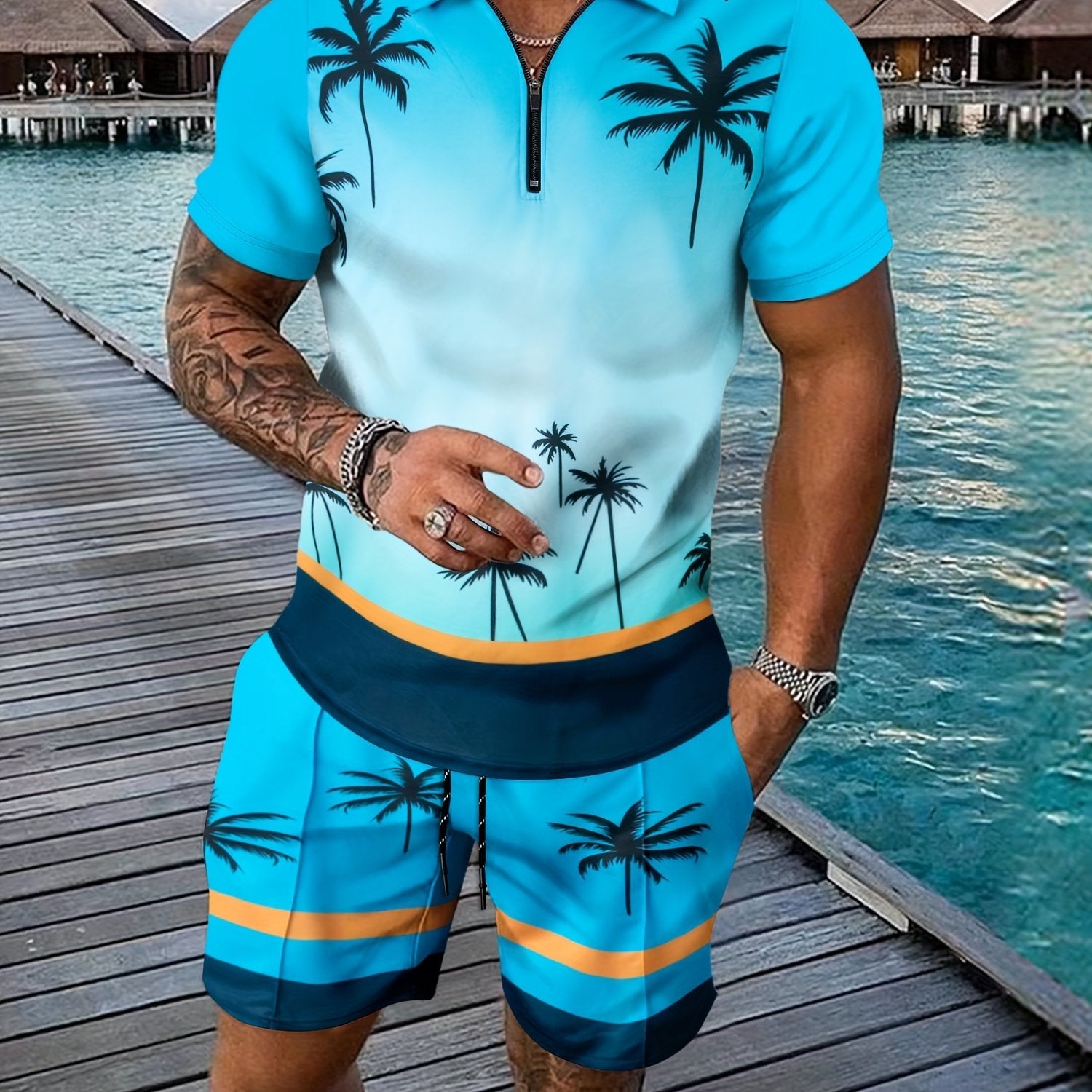 Men's Summer Knit Polyester Palm Tree Print Shirt and Shorts Set Zipper Turn-Down Collar Casual Beachwear