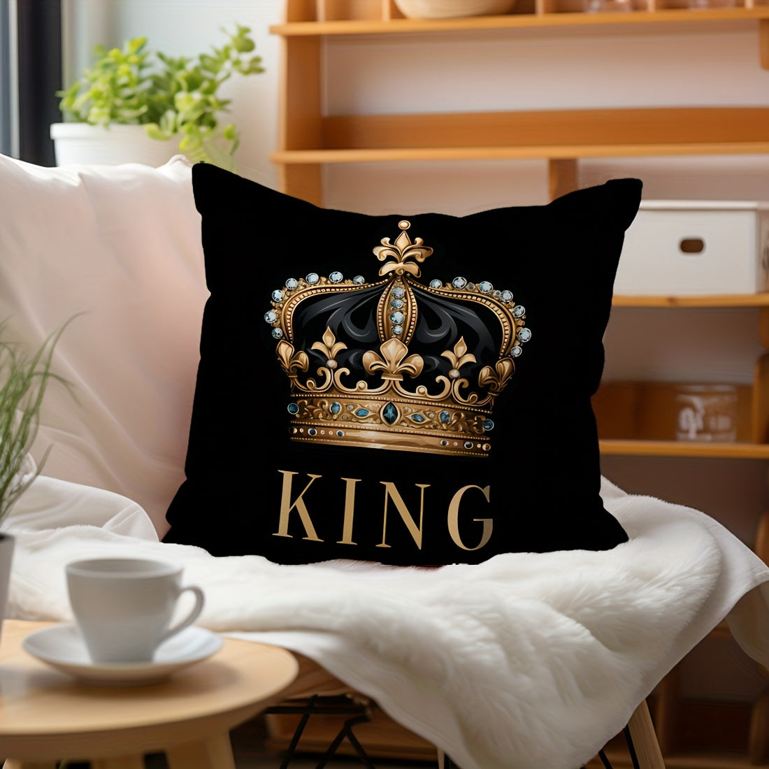 Set of 1 or 2 Peach Skin Pillowcases 45x45cm with Black Background Golden Crown Design for Sofa Bed Bedroom Decor