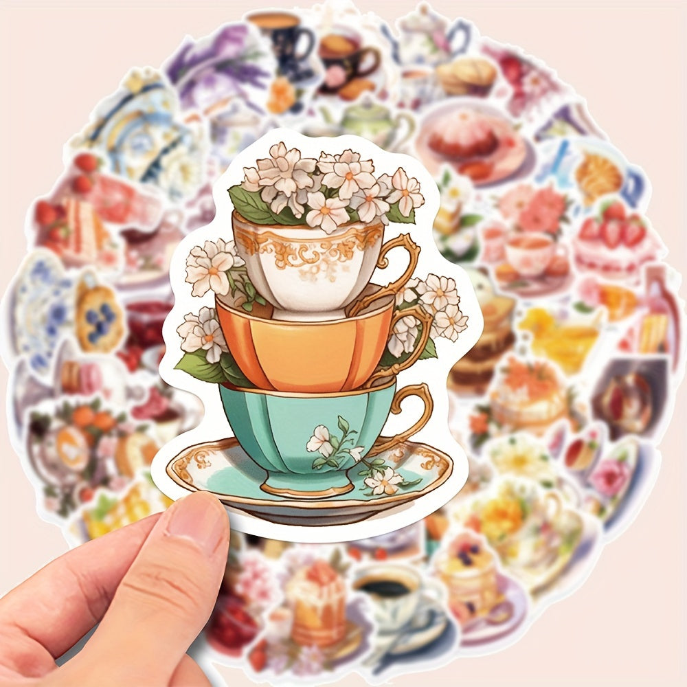 Set of 50 Waterproof Afternoon Tea and Dessert Stickers for Laptops, Phones, Notebooks