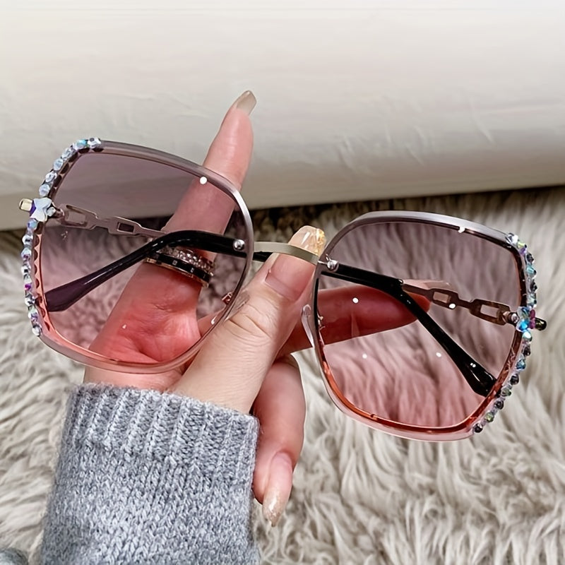 Women's Rimless Rhinestone Decor Gradient Glasses for Summer Beach Party