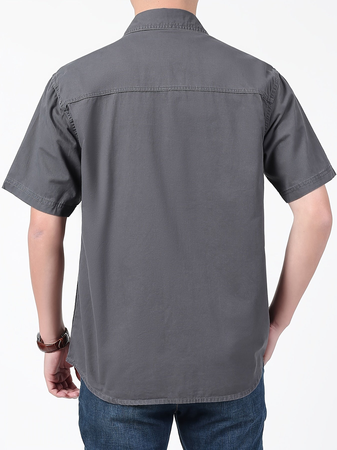 Men's Summer Cotton Short Sleeve Casual Shirt with Pocket Solid Color Regular Fit