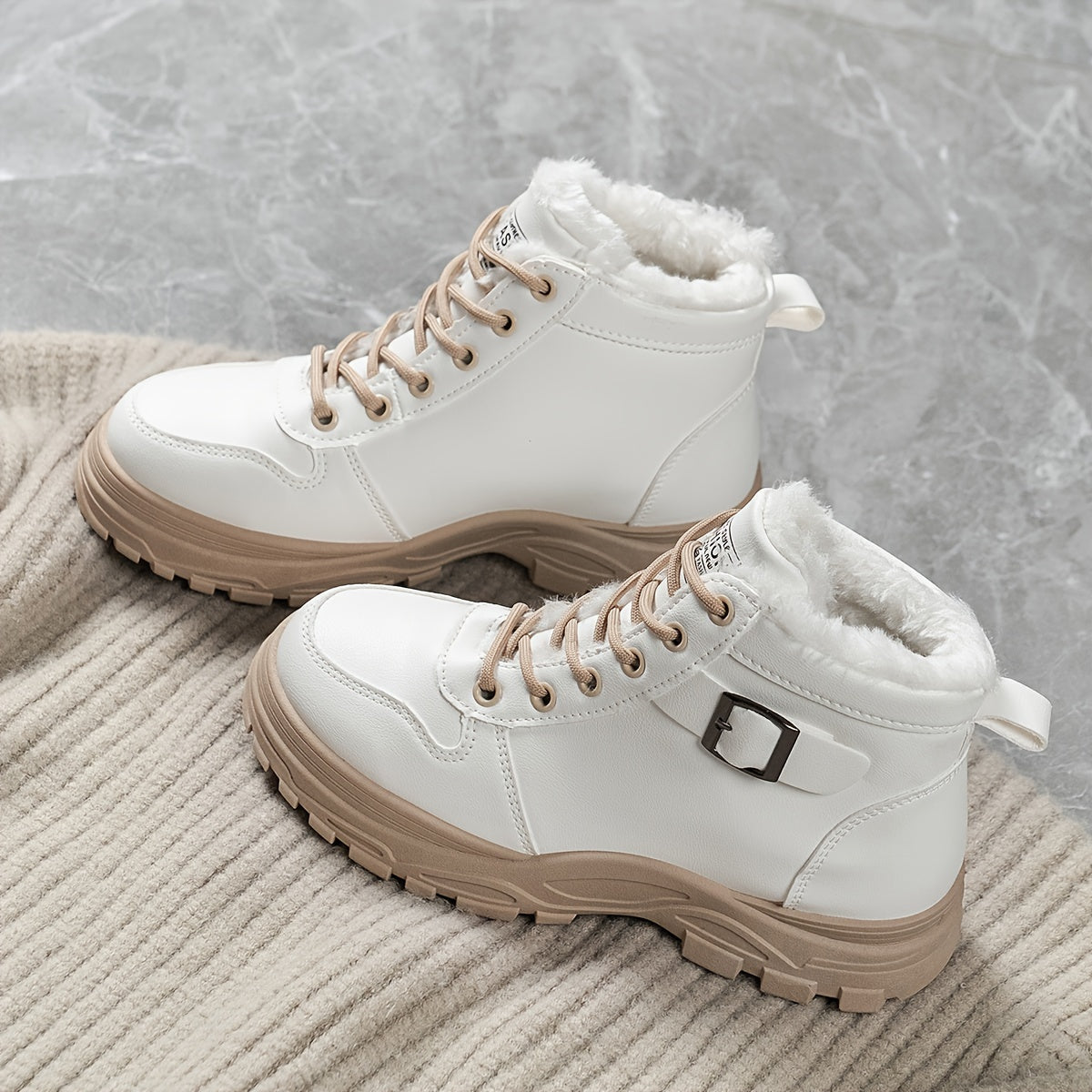 Women's Cozy Lined Ankle Boots Black Beige White High-Top Sneakers Rubber Soles