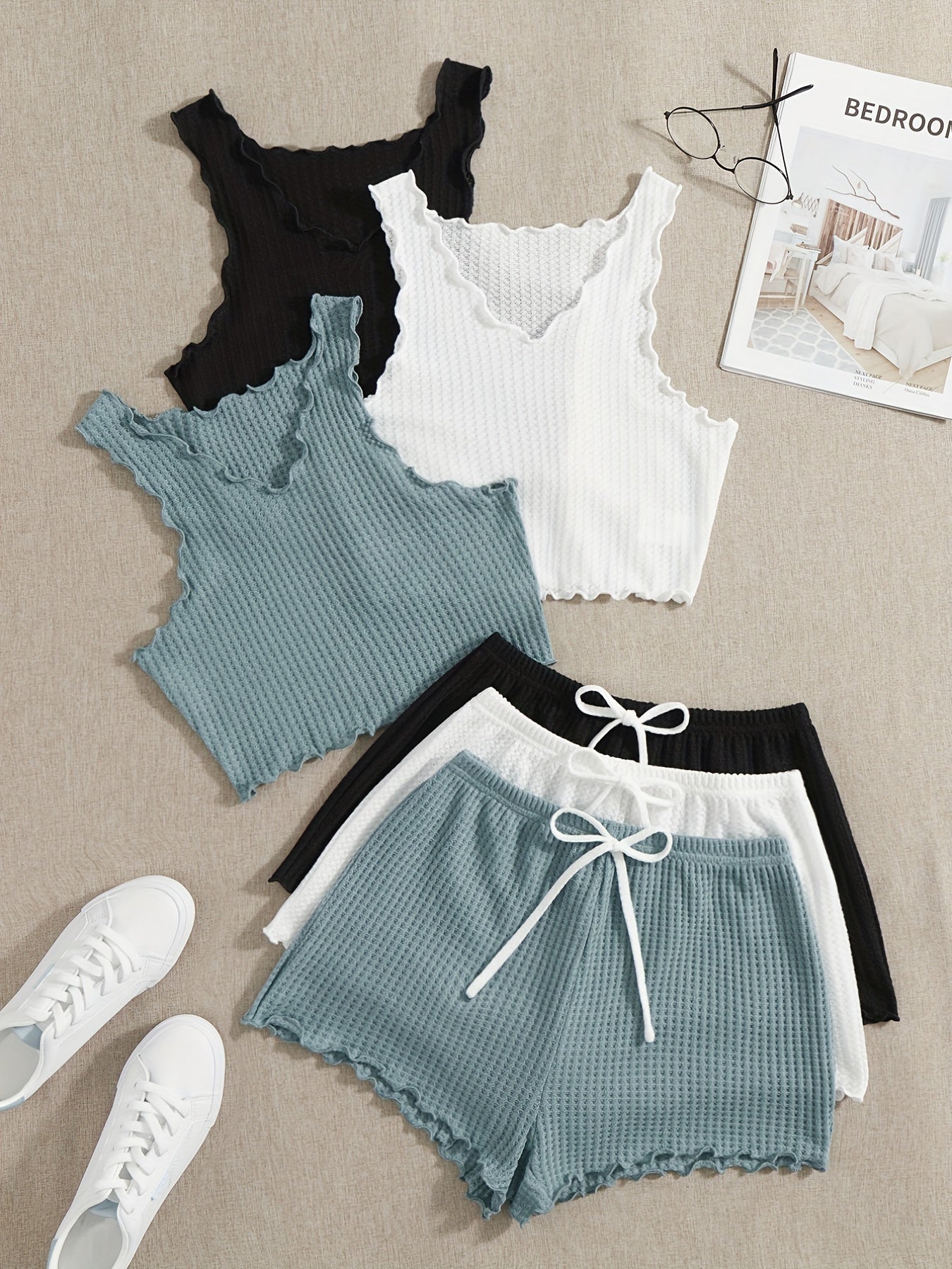 Women's Waffle Pajama Set Tank Top and Shorts Solid Color Micro Elasticity Sleepwear