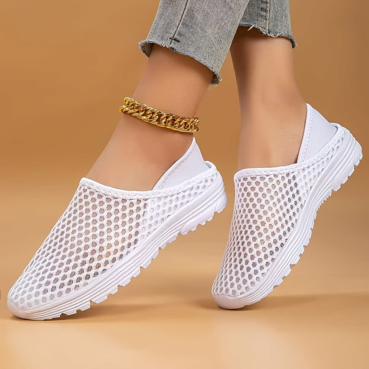 White Mesh Slip-On Walking Shoes with Stability Support for Summer