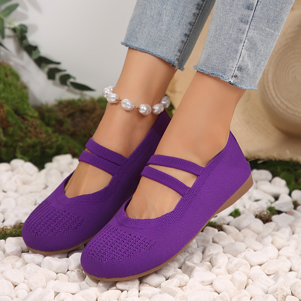 Women's Knitted Flats Ankle Band Breathable Slip-On Shoes
