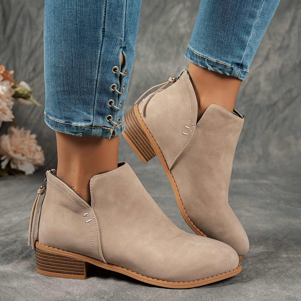 Women's Solid Color Ankle Boots Chelsea Short Boots with Thick Heel