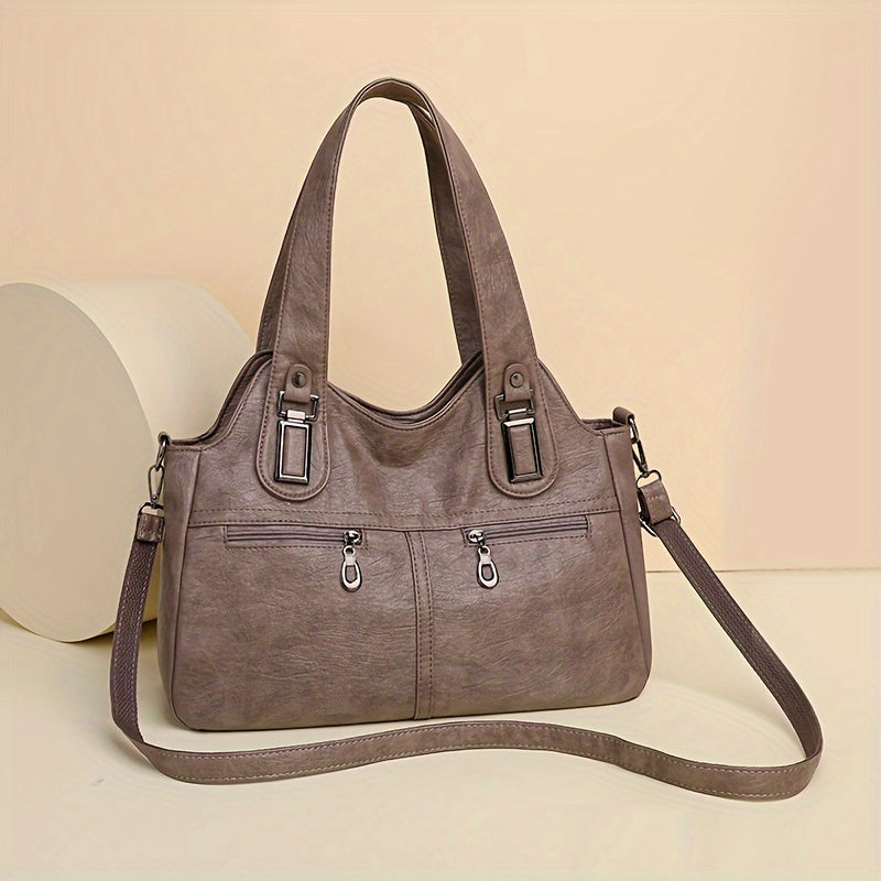 Retro PU Leather Tote Bag with Multiple Pockets Large Capacity Casual Shoulder Crossbody Bag