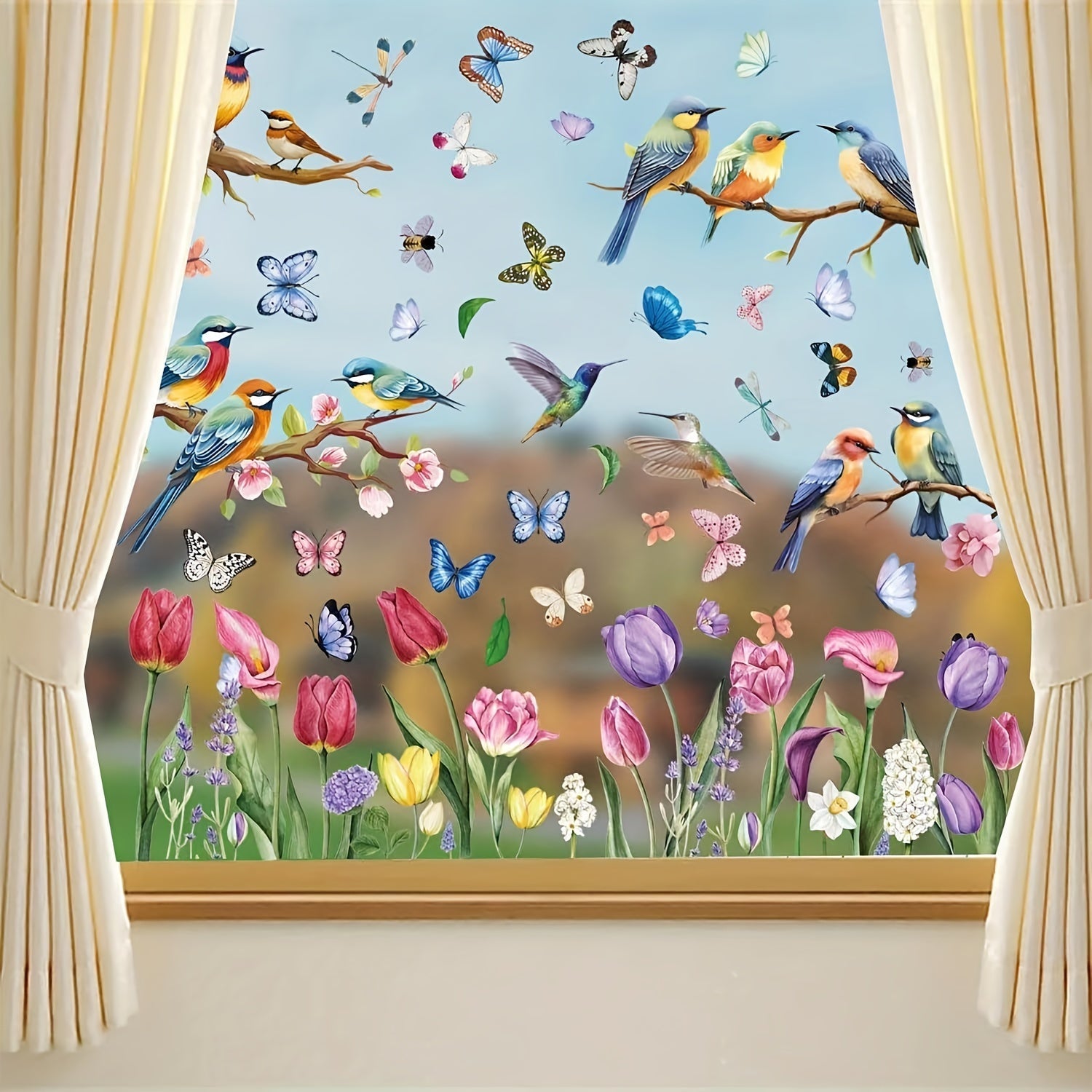 Spring Window Clings Decorations Double-Sided Bird Gel Stickers 9 Sheets