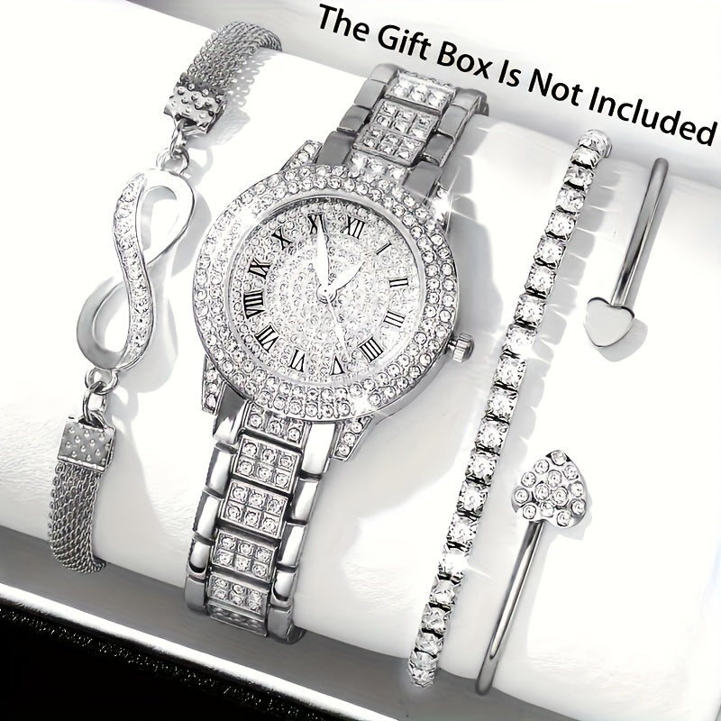 Women's Quartz Watch Set with Rhinestones Stainless Steel Band and Bracelet Gift for Valentine's Easter