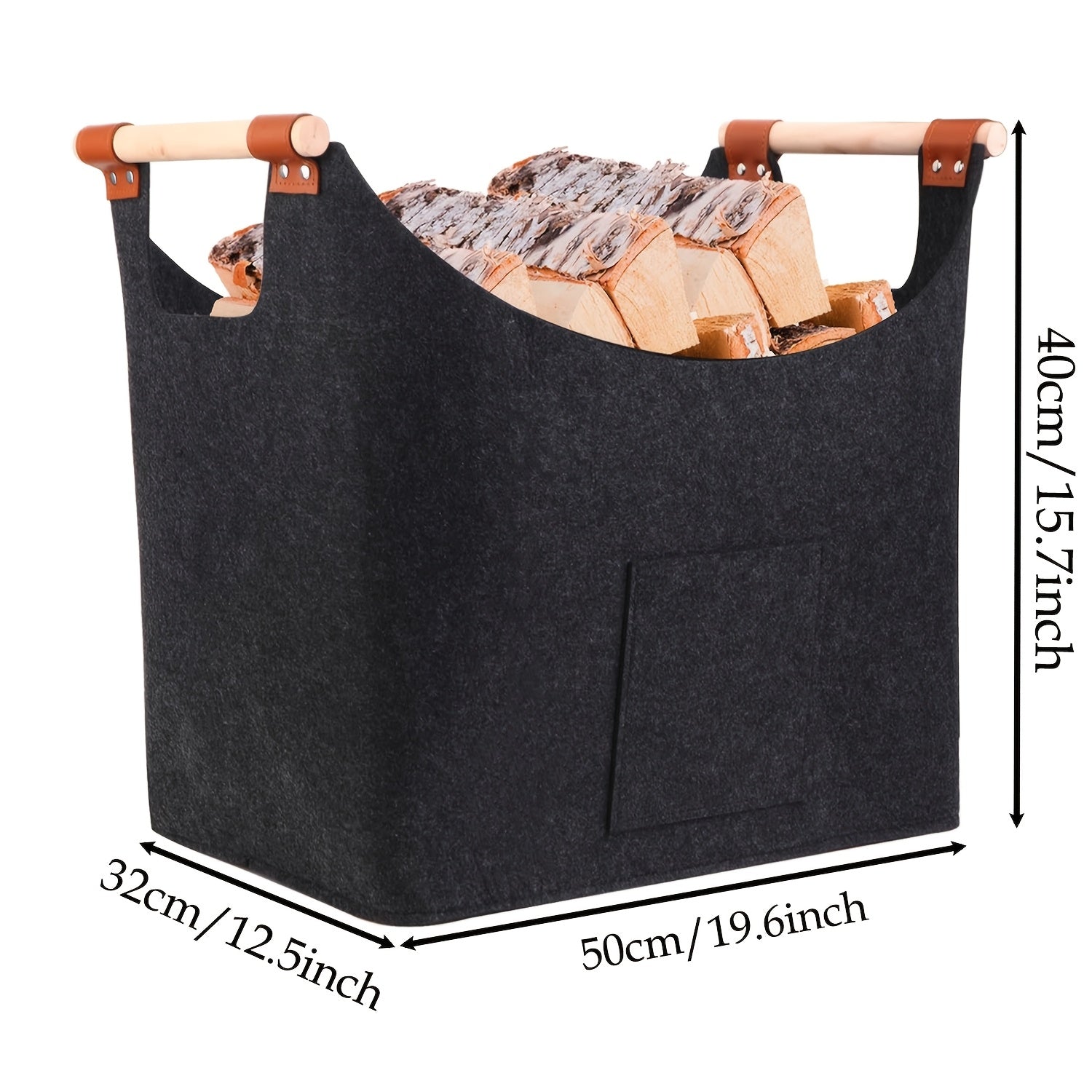 Extra Large Foldable Log Basket 55L Firewood Storage Dark Gray Handles