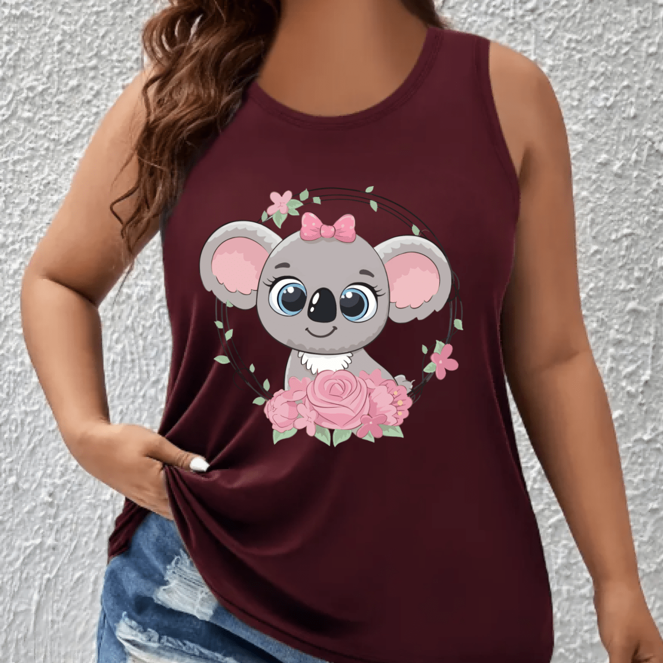 Top sin mangas de mujer talla grande con hombros descubiertos y estampado de koalas y flores