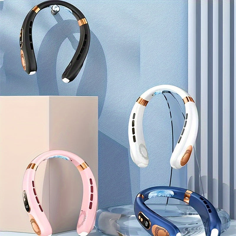 Neck-Mounted USB Fan with LED Lights, Bladeless Design, 5-Speed Cooling