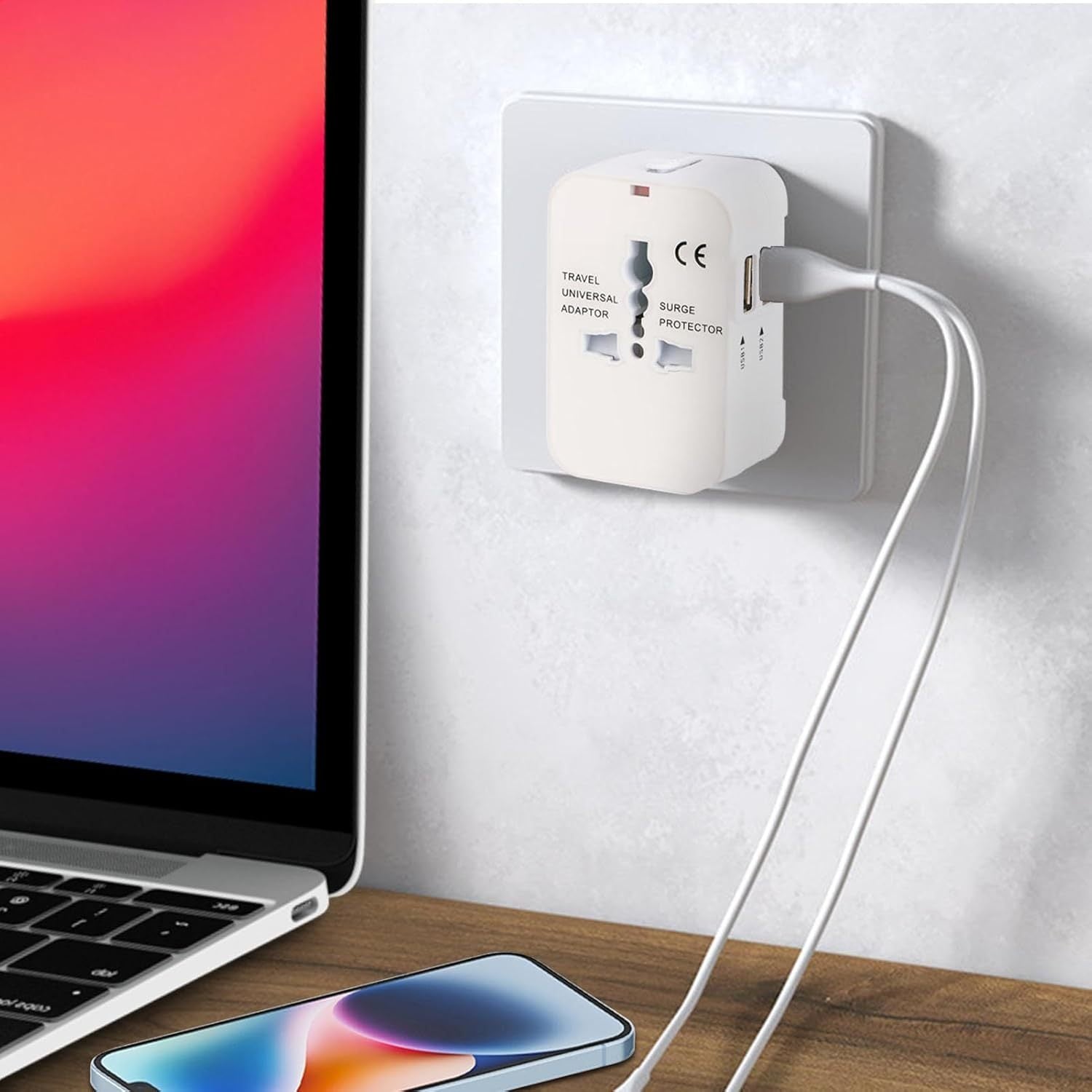 Adaptador de viaje con puertos USB duales para teléfonos y portátiles, compacto, 3 opciones de color, compatible con EE. UU., UE, Reino Unido y AU