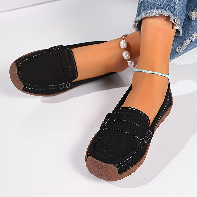 Women's Black Loafers Slip-On Flats Comfortable PU Casual Shoes