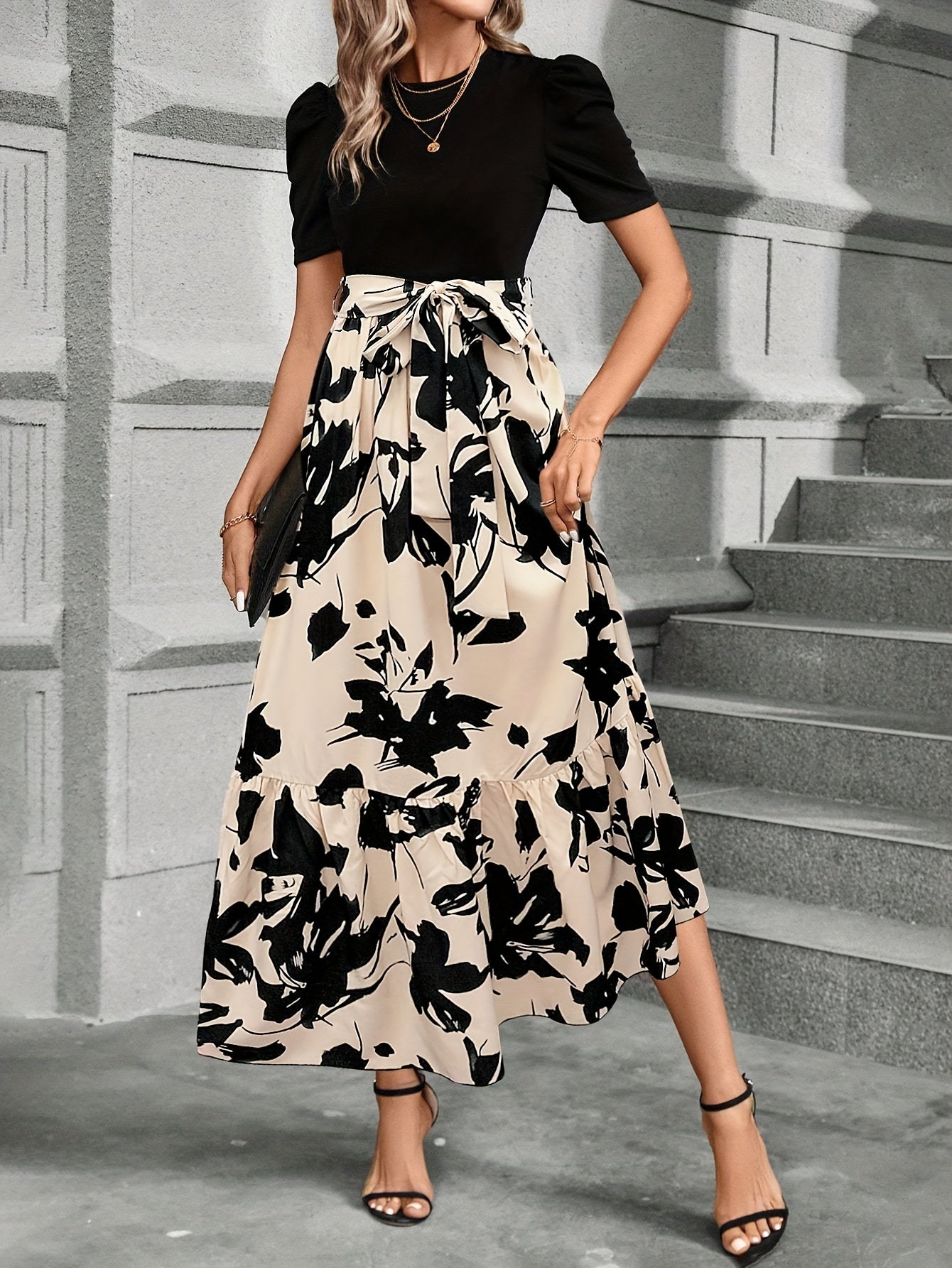 Women's Floral Print Dress with Crew Neck Short Sleeves Tie Waist Ankle Length