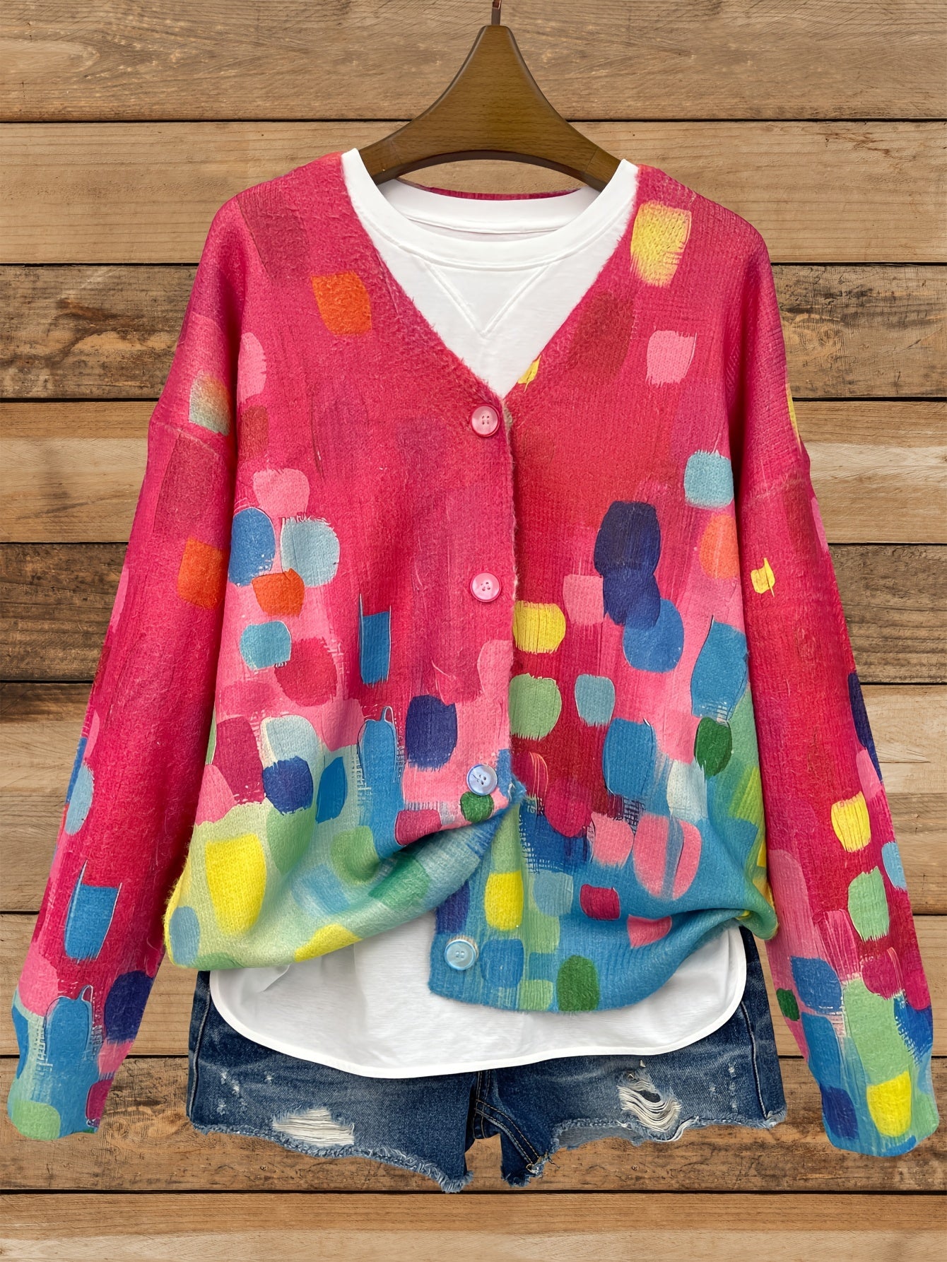 Women's V-Neck Cardigan Sweater Oversized Thick Knit All-Over Print