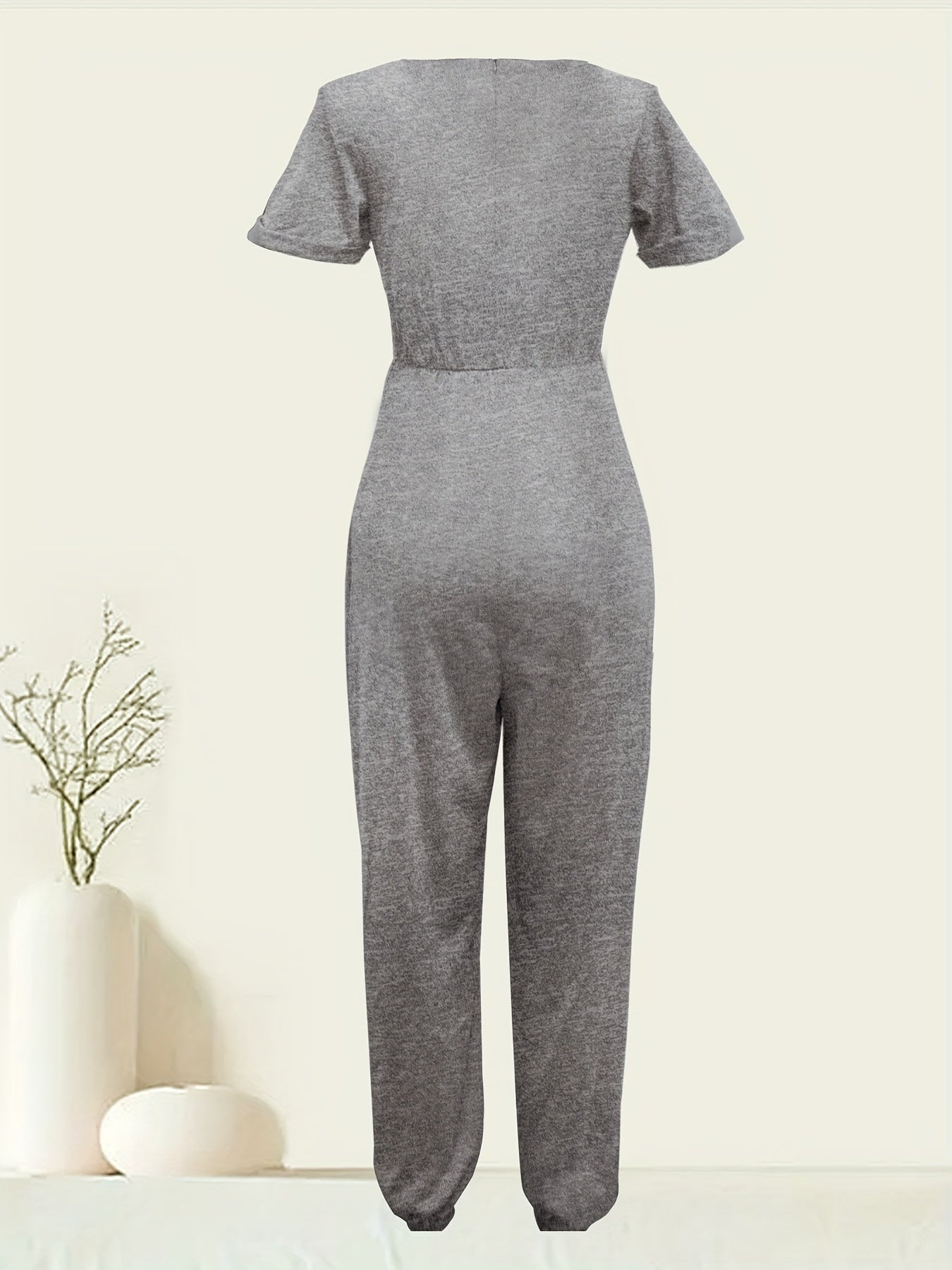 Women's Loose Fit Jumpsuit in Gray with Short Sleeves and Asymmetrical Hem