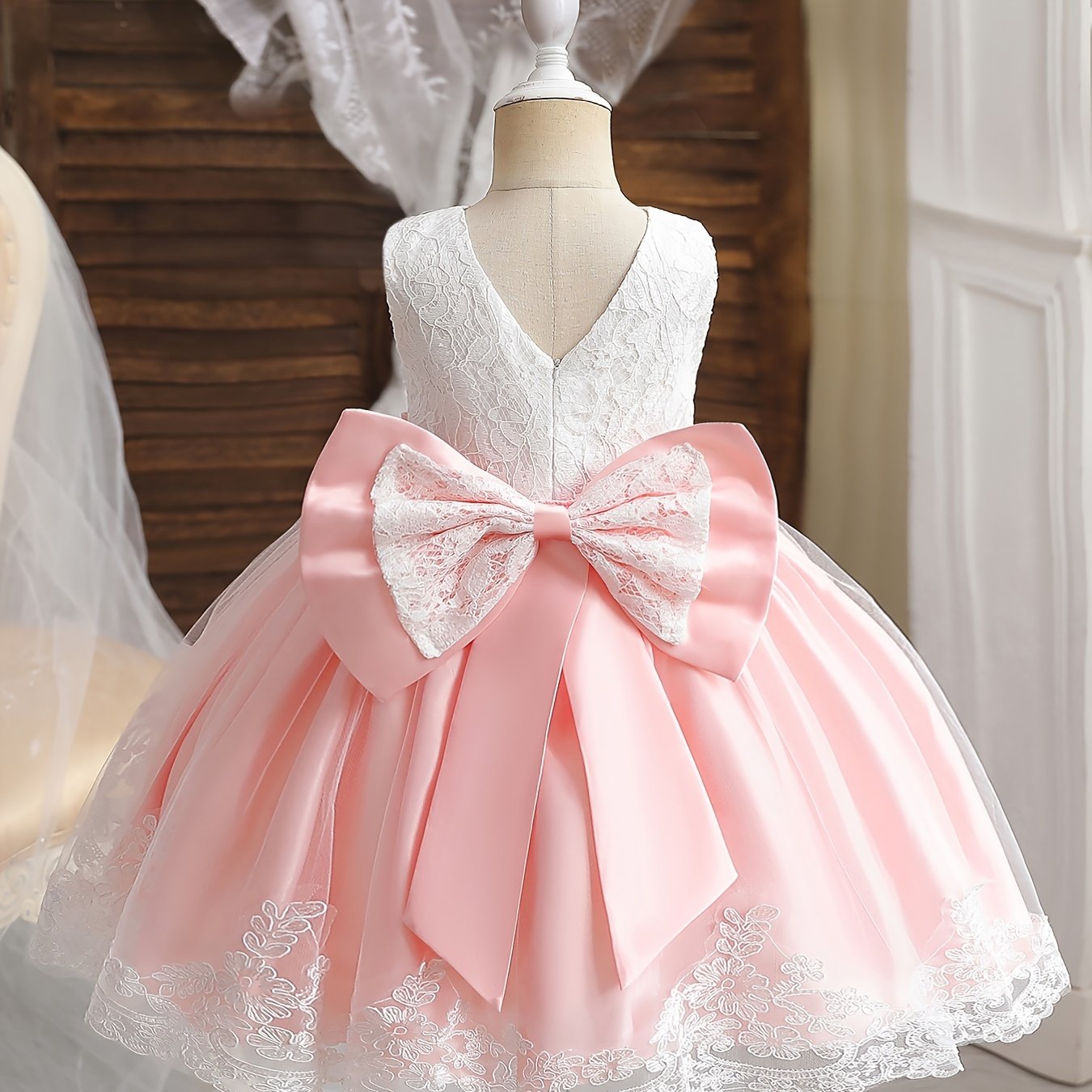 Toddler Girl Dress Lace Tulle Princess V-Neck Sleeveless for Formal Occasions