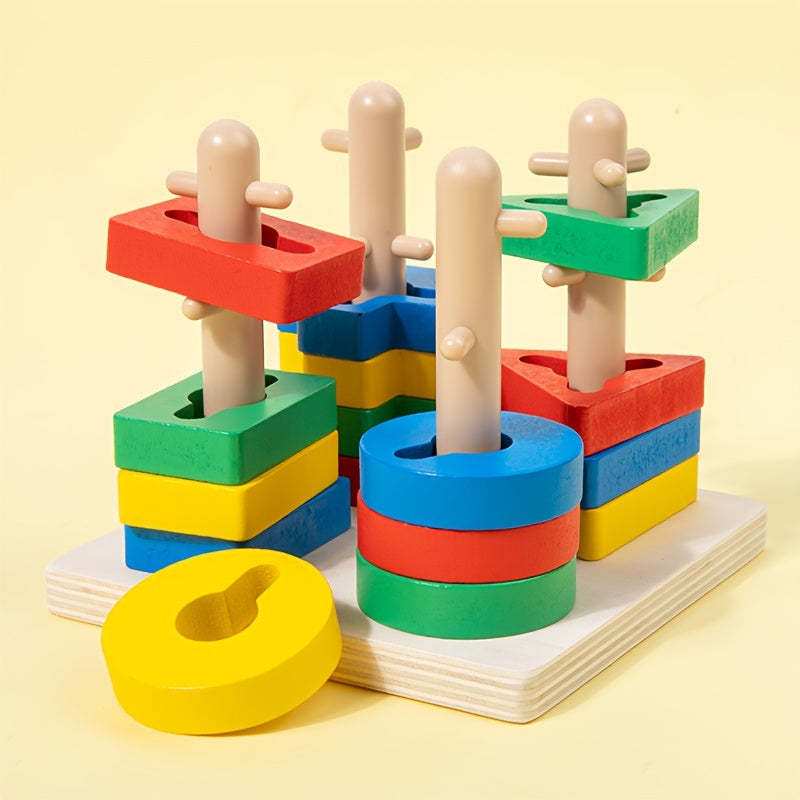 Educational Wooden Shape Sorter Puzzle for Cognitive Development with Stacking Rings and Blocks for 18M+