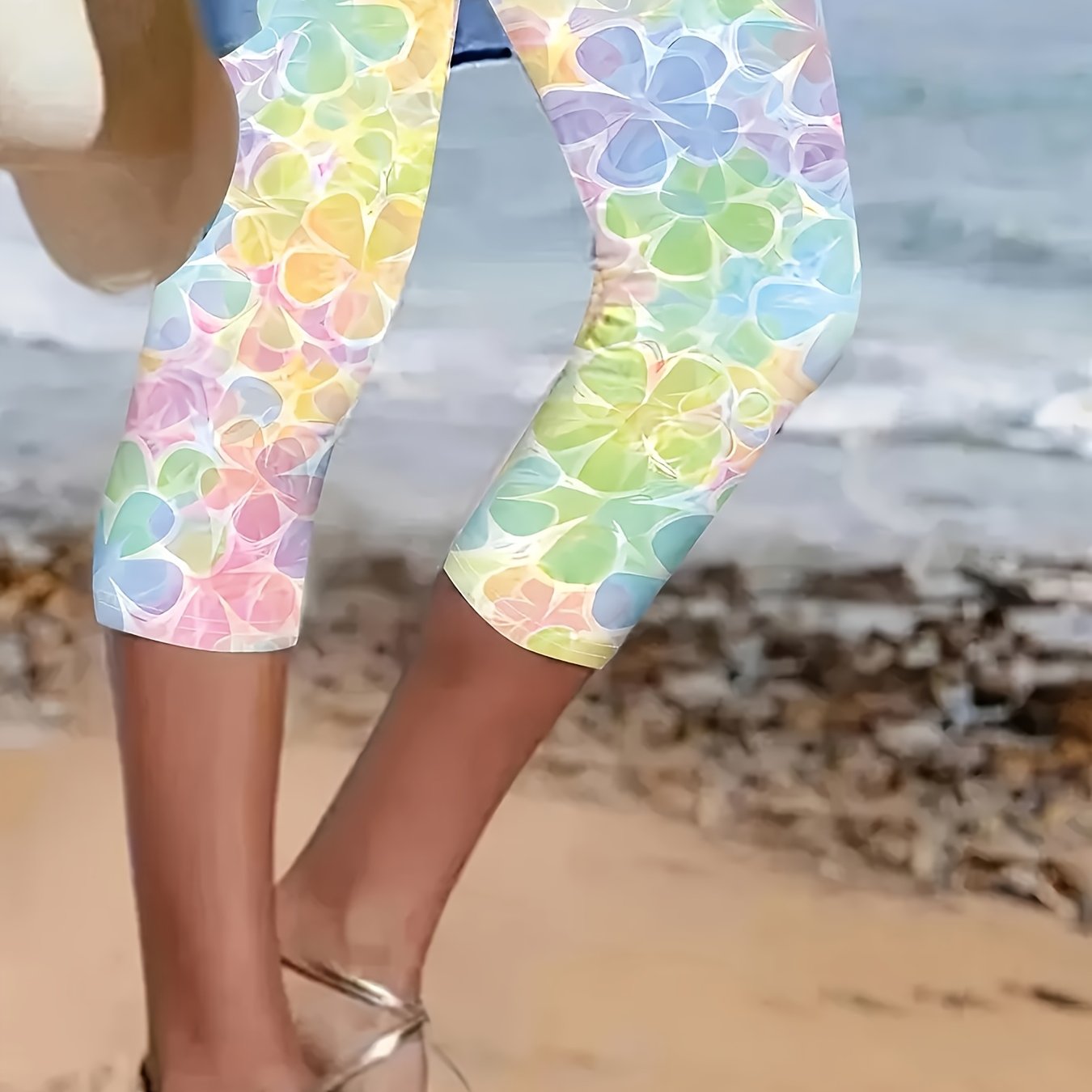 Leggings de mujer de talla grande con estampado floral y tela elástica para primavera y verano