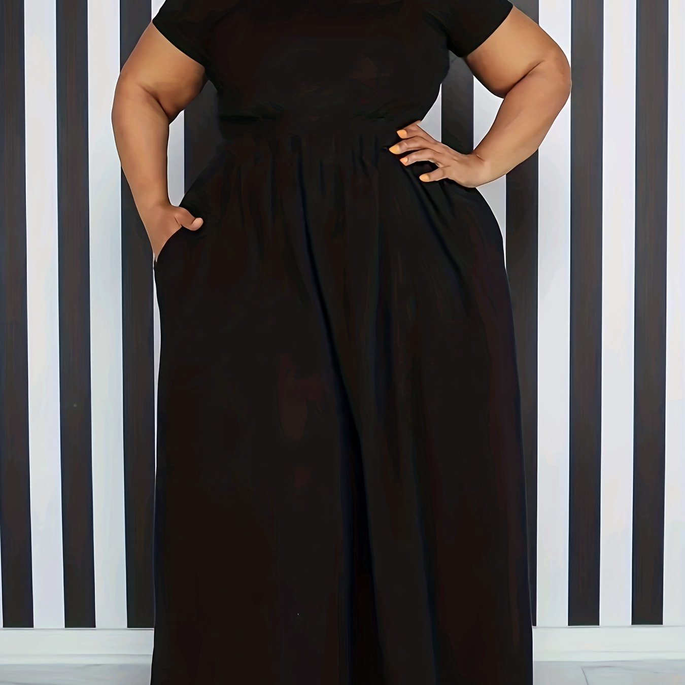 Plus Size Solid Maxi Dress with Short Sleeves, Medium Stretch, Crew Neck