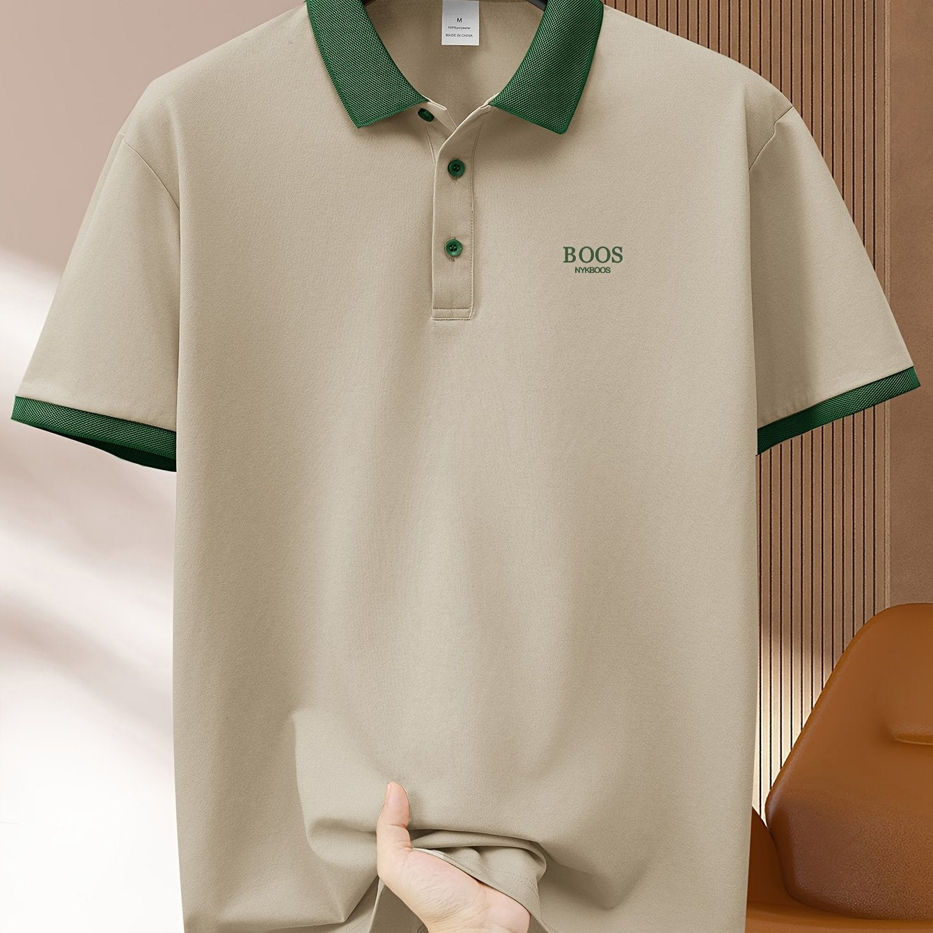 Camisa polo casual de hombre de color verde claro de manga corta, poliéster, para golf y deportes