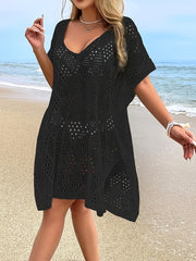 Ayollar uchun katta o'lchamli V-shakllı kofta, bo'sh bo'yinli, qisqa qo'lli, bir rangli, bahor va kuz moda