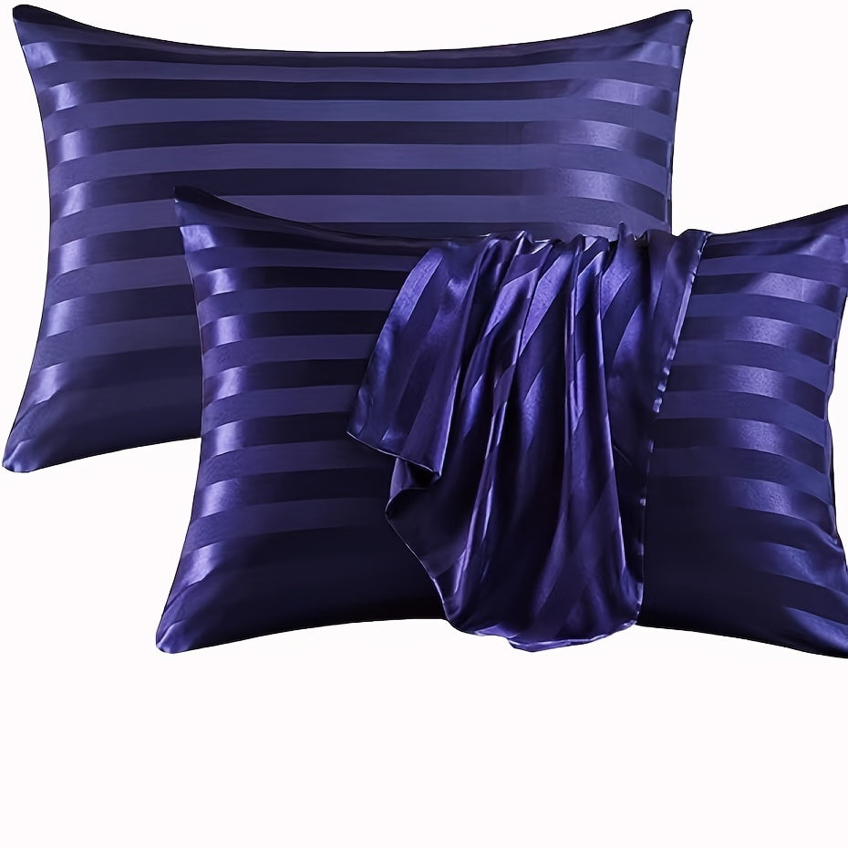 Set of 2 Satin Pillowcases with Envelope Closure Striped Pattern Ultra-Soft Woven Fabric for Hair and Skin