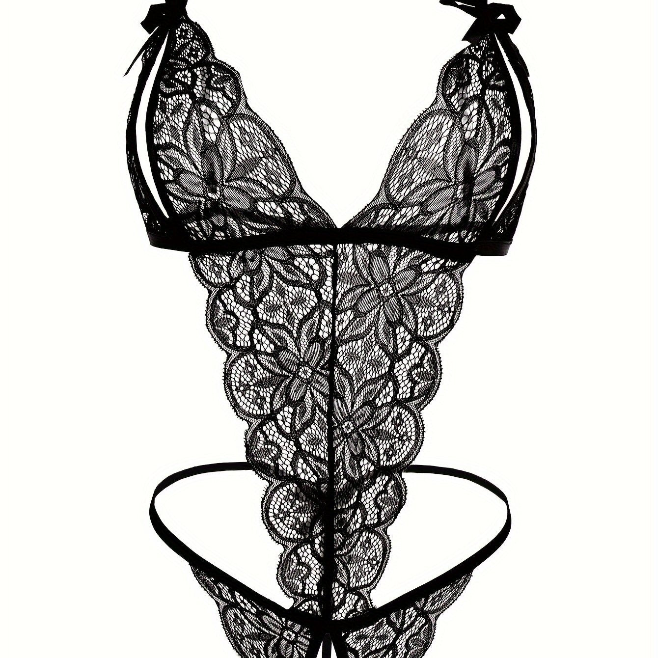 Lingerie Lace Backless Bodysuit with Open Crotch Thong and Bow