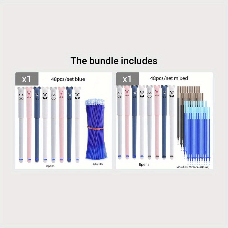48-Piece Animal Themed Erasable Gel Pen Set with Blue and Black Ink, 0.5mm Tips