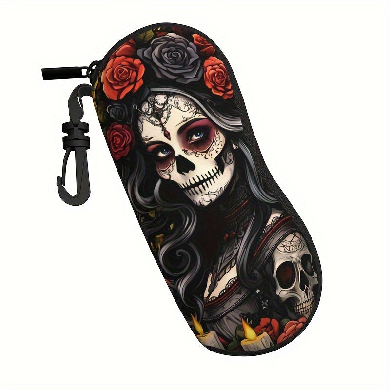 Ultra-Light Sugar Skull Glasses Case with Zipper Durable Rubber Eyewear Protector for Men and Women