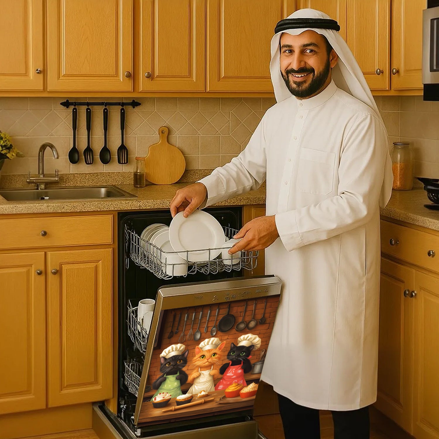 2D Flat Cat Pattern Dishwasher Door Decoration Kit Waterproof Soft Easy Install