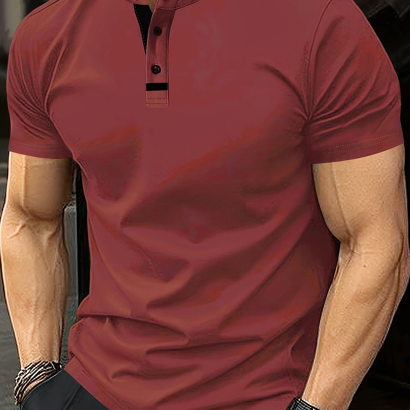 Men's Red Casual Short Sleeve Shirt with Button Crew Neck Lightweight Polyester for Golf and Casual Wear