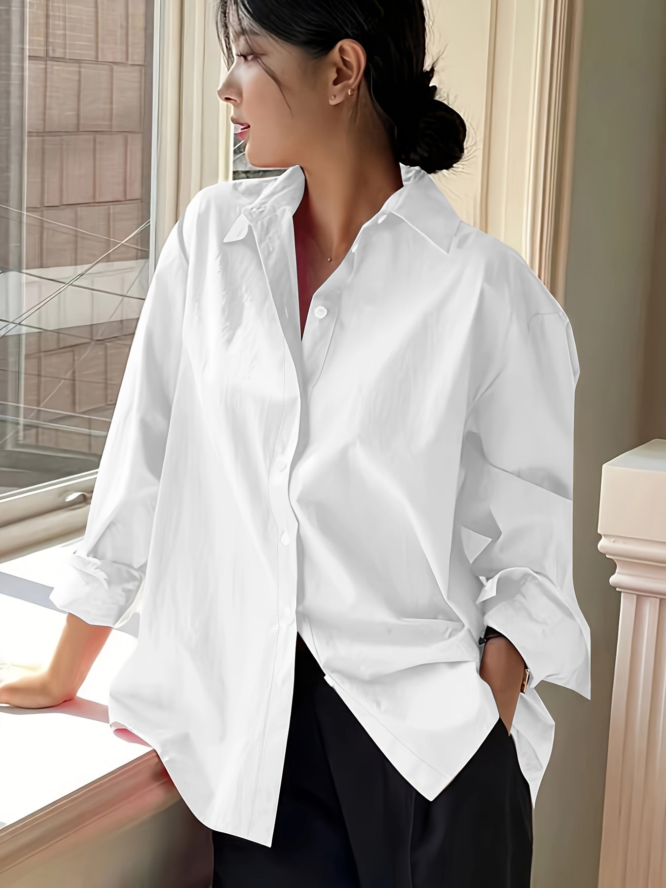 Women's Light Pink Business Casual Long Sleeve Button-Up Shirt Polyester All-Season Office Wear