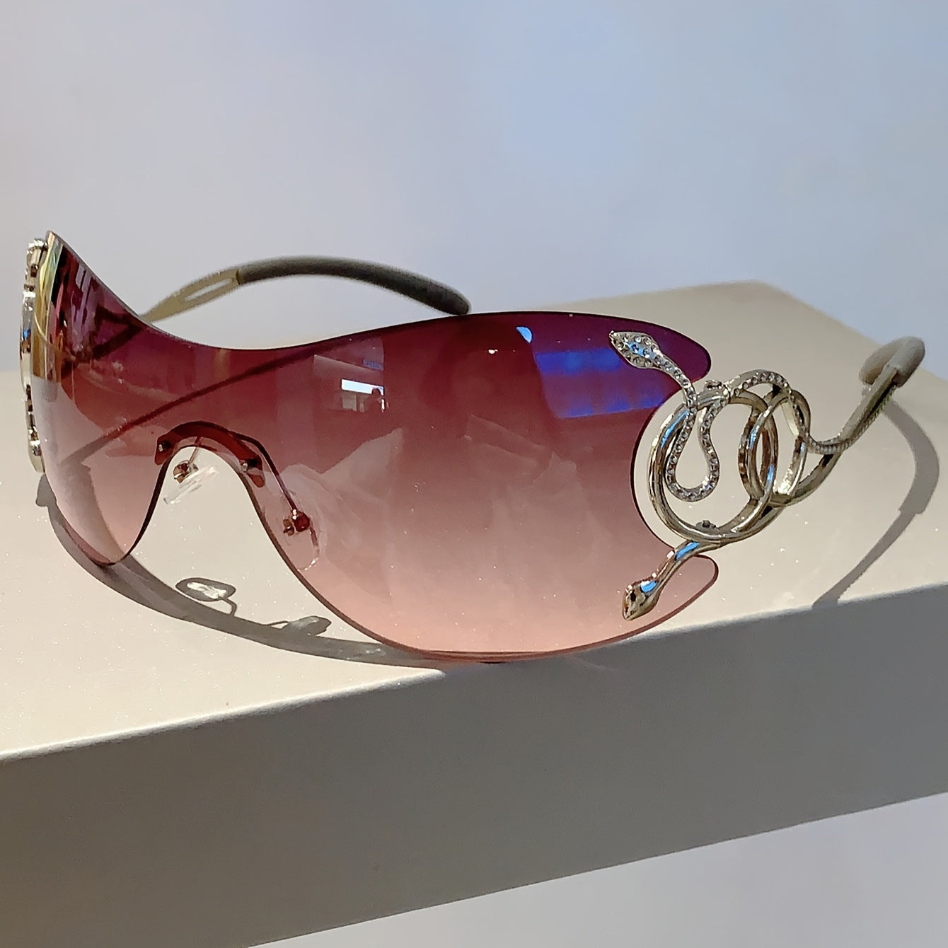 Women Y2K Style One-Piece Lens Sunglasses with Silver Snake Detail