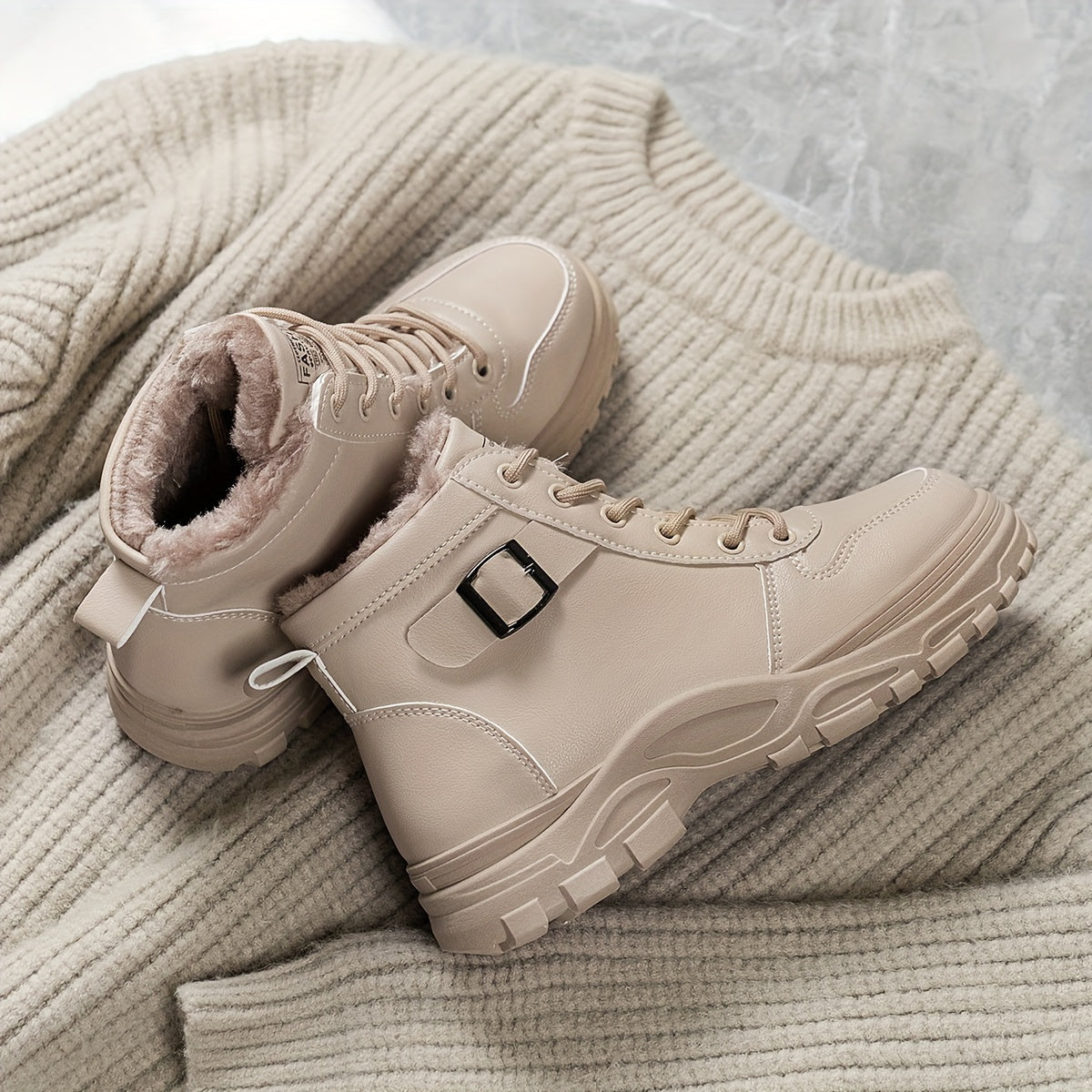 Women's Cozy Lined Ankle Boots Black Beige White High-Top Sneakers Rubber Soles