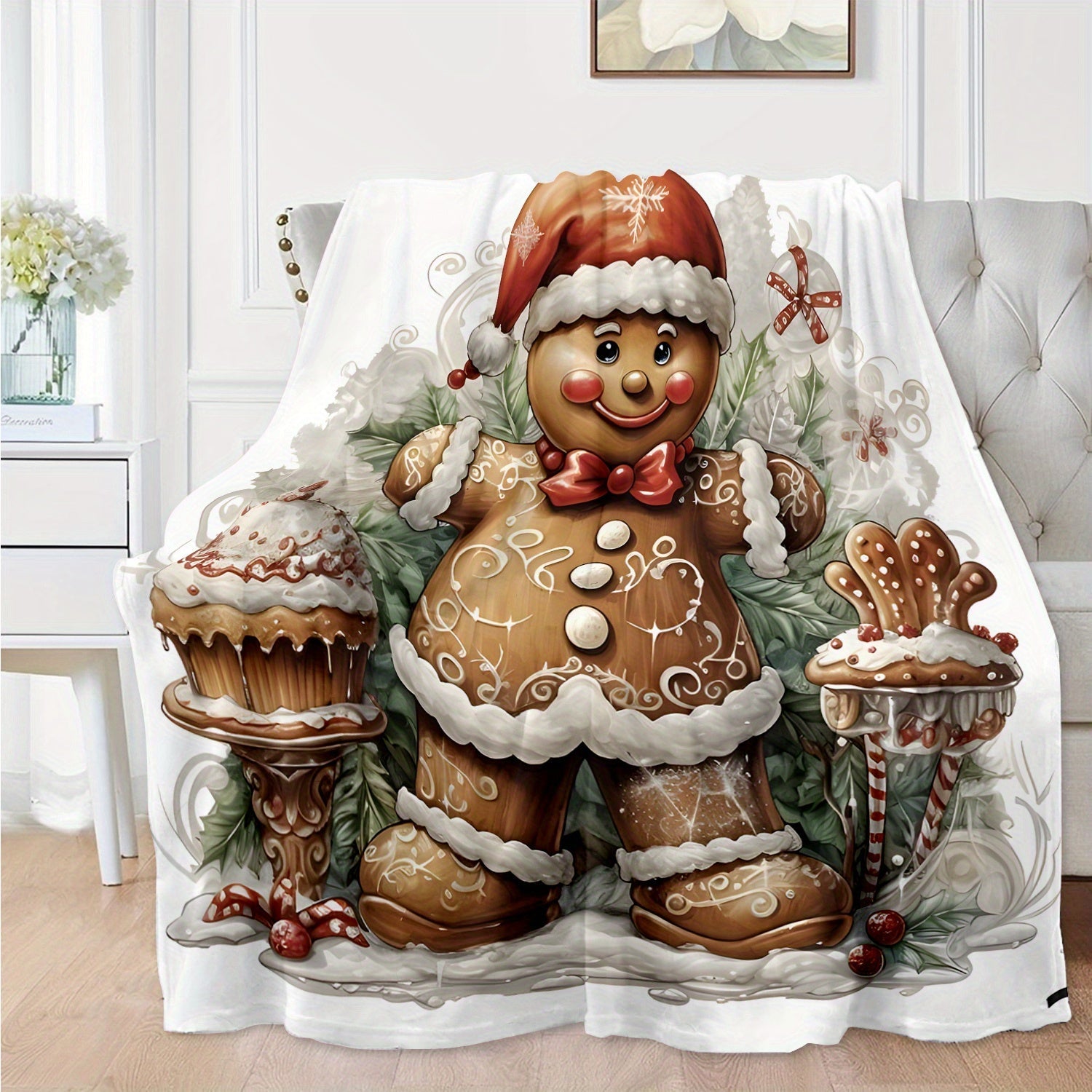 70x100cm Rustic Gingerbread Man Throw Blanket Soft Warm Polyester Flannel Digital Print All-Season