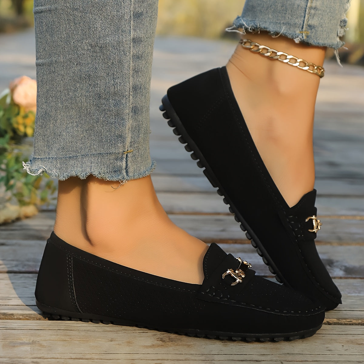 Women Slip-On Loafers Black Comfortable Casual Flat Shoes All-Season